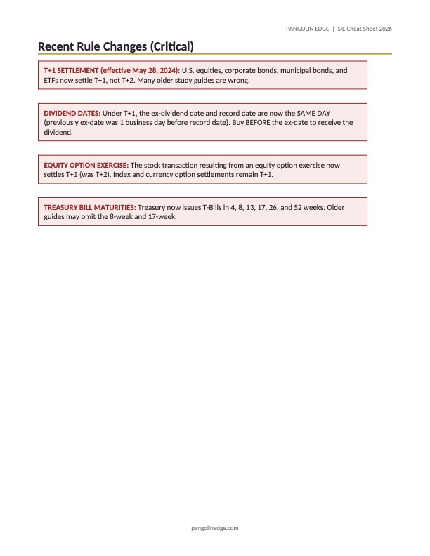 SIE cheat sheet preview — Recent Rule Changes (T+1 settlement, dividend dates, equity option exercise, Treasury bill maturities)